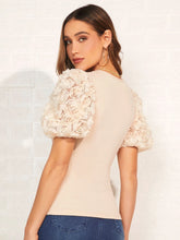 EMERY ROSE Stereo Floral Puff Sleeve Rib-knit Tee